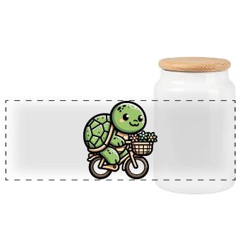 Cute Turtle Bicycle Design - Panoramic Cookie Jar with Wooden Lid - white - Front