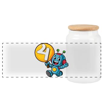 Finally 4 Years Four Fourth Birthday Robot - Panoramic Cookie Jar with Wooden Lid - white - Front