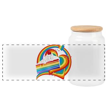 Stück Regenbogen Kuchen mit Sahne und Kirsche - Panorama Keksdose mit Holzdeckel - Weiß - Vorne