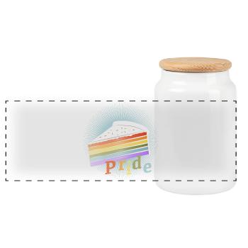 Stück Regenbogen Kuchen in zarten Pastellfarben - Panorama Keksdose mit Holzdeckel - Weiß - Vorne