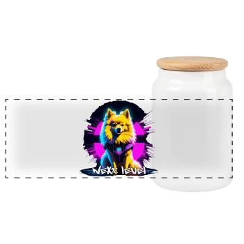 Small Spitz Spitz Next Level Cyber Dog Gift - Panoramic Cookie Jar with Wooden Lid - white - Front
