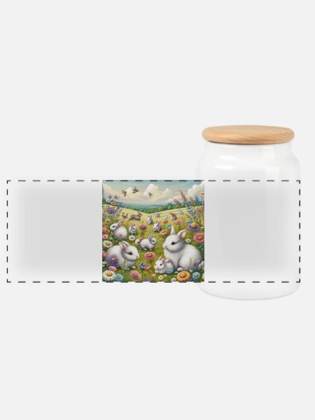 Kaninchen in einem Blumenfeld - Panorama Keksdose mit Holzdeckel - Weiß