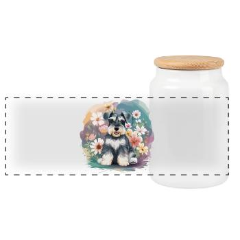Schnauzer with flowers - Panoramic Cookie Jar with Wooden Lid - white - Front