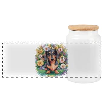 Dachshund with flowers - Panoramic Cookie Jar with Wooden Lid - white - Front
