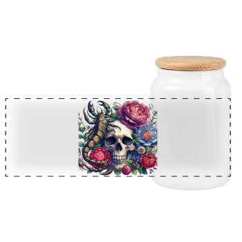 Watercolor skull, flowers and scorpion - Panoramic Cookie Jar with Wooden Lid - white - Front