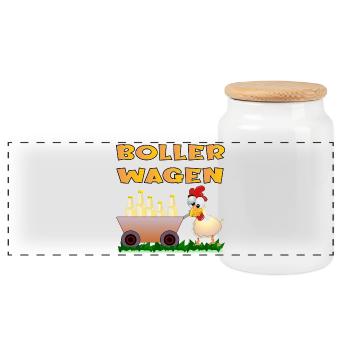 VATERTAG BOLLERWAGEN HÜHNER - Panorama Keksdose mit Holzdeckel - Weiß - Vorne
