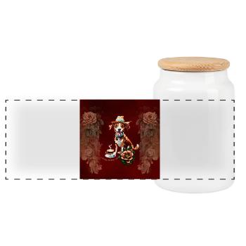 A happy cartoon dog wearing a hat - Panoramic Cookie Jar with Wooden Lid - white - Front