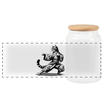 Katze mit Kimono in einer Kung Fu Kampfstellung - Panorama Keksdose mit Holzdeckel - Weiß - Vorne