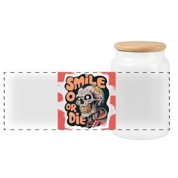 Bald Skeleton with smiling text - Panoramic Cookie Jar with Wooden Lid - white - Front