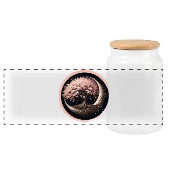 Elegant Cherry Blossom Bonsai Tree on Crescent Moon - Panoramic Cookie Jar with Wooden Lid - white - Front