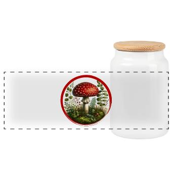 Detailed red toadstool on forest floor - Panoramic Cookie Jar with Wooden Lid - white - Front