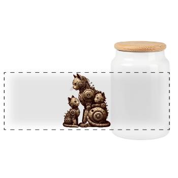 Charming vintage illustration of a cat family - Panoramic Cookie Jar with Wooden Lid - white - Front