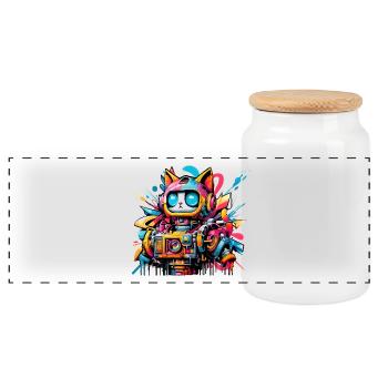 Katze gestaltet als Roboter im Comic Graffiti Stil - Panorama Keksdose mit Holzdeckel - Weiß - Vorne