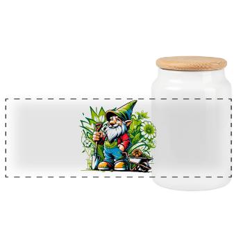 Colorful, vibrant garden gnome surrounded by flowers - Panoramic Cookie Jar with Wooden Lid - white - Front