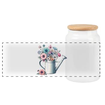 Watering can, luxuriantly filled with pastel-colored flowers - Panoramic Cookie Jar with Wooden Lid - white - Front
