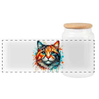 Cat - Panoramic Cookie Jar with Wooden Lid - white - Front