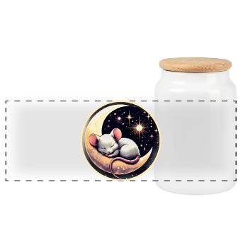 souris endormie paisiblement, sur un croissant de lune - Boîte à biscuits avec couvercle en bois - blanc - Devant