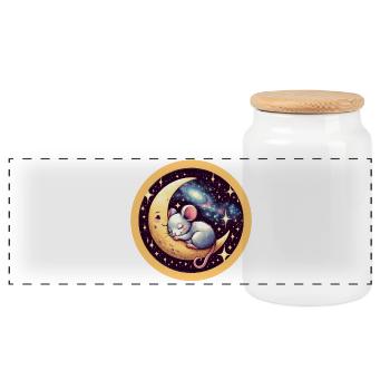 souris endormie paisiblement, sur un croissant de lune - Boîte à biscuits avec couvercle en bois - blanc - Devant