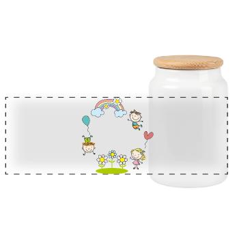 Enfants joyeux avec ballon de fleurs arc-en-ciel - Boîte à biscuits avec couvercle en bois - blanc - Devant