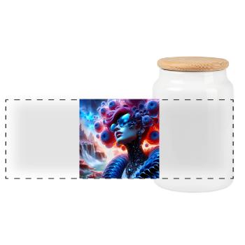Surreal portrait and futuristic landscape - Panoramic Cookie Jar with Wooden Lid - white - Front