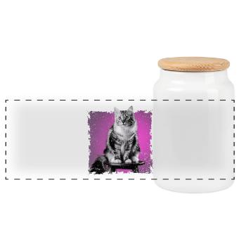 Katze sitzt auf Hocker | ausgefranster Rand - Panorama Keksdose mit Holzdeckel - Weiß - Vorne