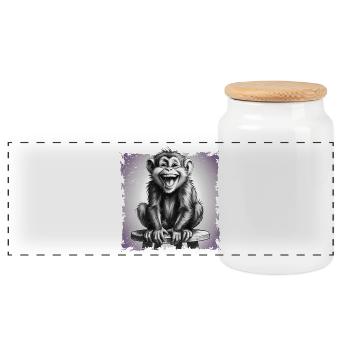 Monkey laughing sitting on stool - Panoramic Cookie Jar with Wooden Lid - white - Front