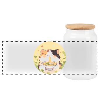 Cat eating Ramen - Panoramic Cookie Jar with Wooden Lid - white - Front