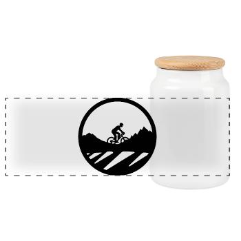 Mountain Bike Cyclist Drawing - Panoramic Cookie Jar with Wooden Lid - white - Front