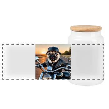 Dog biker in leather jacket style - Panoramic Cookie Jar with Wooden Lid - white - Front