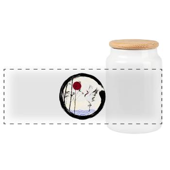 Japanese crane - Panoramic Cookie Jar with Wooden Lid - white - Front