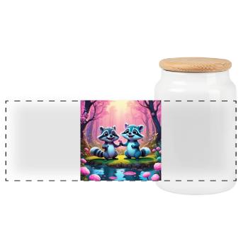Raccoons in the fairytale forest - Panoramic Cookie Jar with Wooden Lid - white - Front