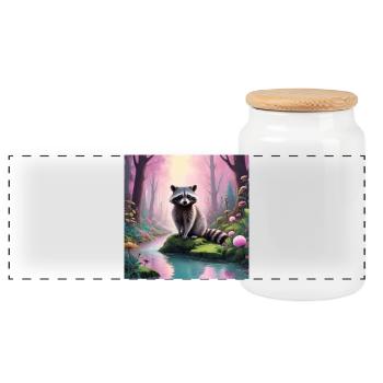 Raccoon - Panoramic Cookie Jar with Wooden Lid - white - Front