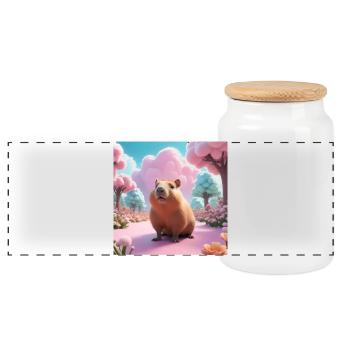 Capybara in the Magic Garden - Panoramic Cookie Jar with Wooden Lid - white - Front