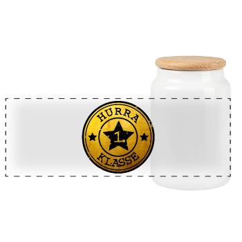 Hurra 1. Klasse - Stern Emblem  gold schwarz - Panorama Keksdose mit Holzdeckel - Weiß - Vorne