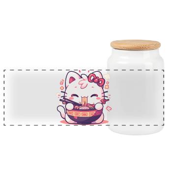 Chat qui mange des Ramens - Boîte à biscuits avec couvercle en bois - blanc - Devant
