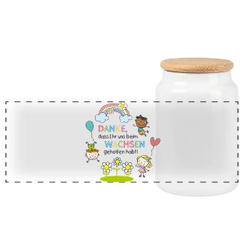 Thank-you message Kita 1 | Children - Rainbow - Flowers - Panoramic Cookie Jar with Wooden Lid - white - Front