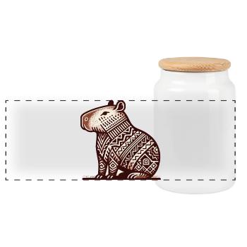 Seated capybara in South American style - Panoramic Cookie Jar with Wooden Lid - white - Front