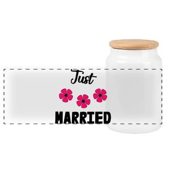 JUST MARRIED. Bachelorette party. VALENTINE'S DAY. COUPLE - Panoramic Cookie Jar with Wooden Lid - white - Front