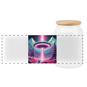 UFO with kitten - Panoramic Cookie Jar with Wooden Lid - white - Front