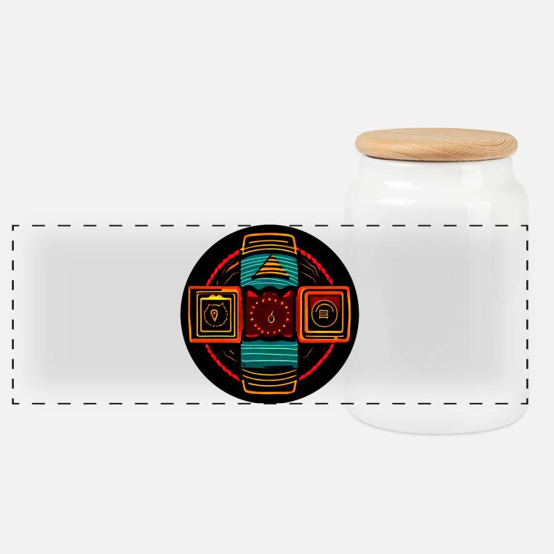 Neon Geometrische Symbole - Native Freestyle - Panorama Keksdose mit Holzdeckel - Weiß