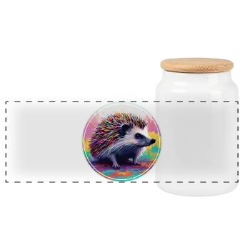 Farbenfrohe digitale Kunst - Igel - Panorama Keksdose mit Holzdeckel - Weiß - Vorne