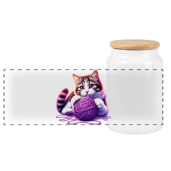Le chat joue avec une pelote de laine - Boîte à biscuits avec couvercle en bois - blanc - Devant