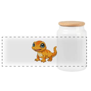 Lizard Cute Mascot Cartoon Character Kawaii - Panoramic Cookie Jar with Wooden Lid - white - Front