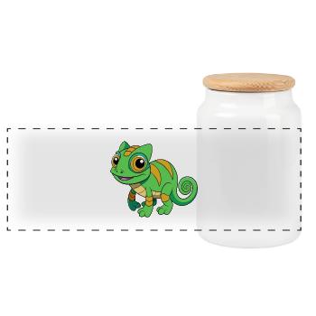 Chameleon Cute Mascot Cartoon Character Kawaii - Panoramic Cookie Jar with Wooden Lid - white - Front