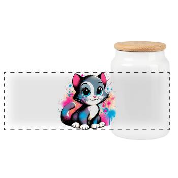 Cat - Panoramic Cookie Jar with Wooden Lid - white - Front