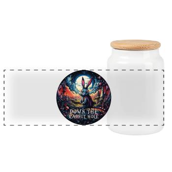Rabbit Alice in Wonderland Down the rabbit hole - Panoramic Cookie Jar with Wooden Lid - white - Front