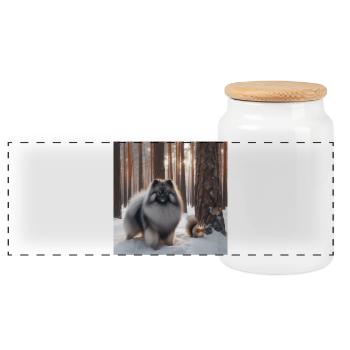 Keeshond Wolfspitz in the snow - Panoramic Cookie Jar with Wooden Lid - white - Front