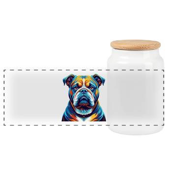 English Bulldog Breed Colorful Cartoon Kawaii - Panoramic Cookie Jar with Wooden Lid - white - Front