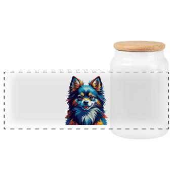 Pomeranian German Spitz Dog Breed Cartoon Kawaii - Panoramic Cookie Jar with Wooden Lid - white - Front