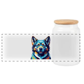 Norwegian Elkhound Dog Breed Cartoon Kawaii - Panoramic Cookie Jar with Wooden Lid - white - Front